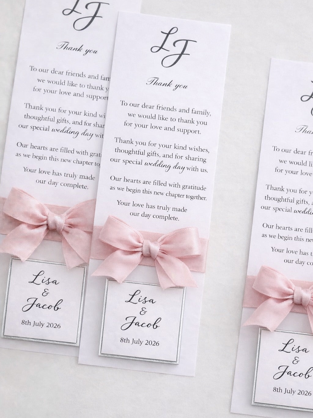 Elegant Blush Pink Ribbon Wedding Thank You Card with Personalized Tag