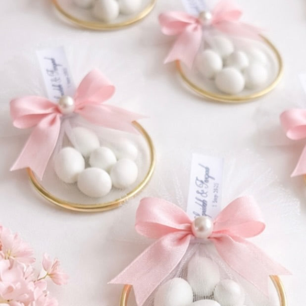 Luxury Blush Pink Wedding Favor with Almonds, Pearl Detail & Gold Tray
