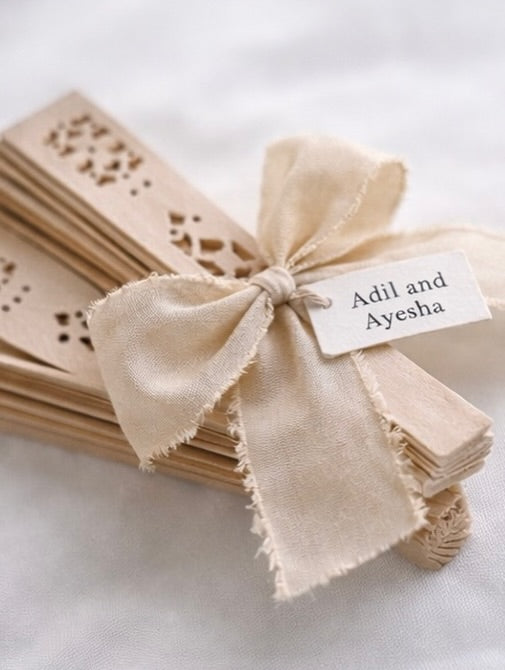 Personalized Wooden Hand Fan Wedding Favor with Rustic Ribbon & Name Tag