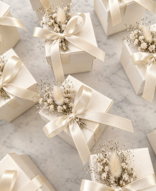 Luxury Wedding Favor Gift Boxes with Satin Ribbon & Dried Floral Detail
