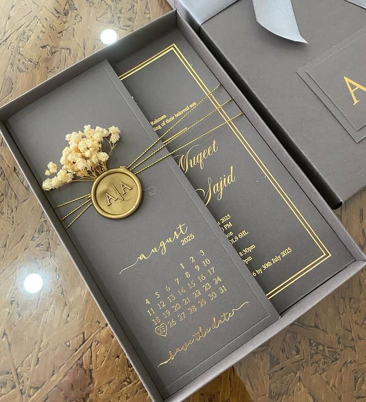 Luxury Grey & Gold Calendar Wedding Invitation Box
