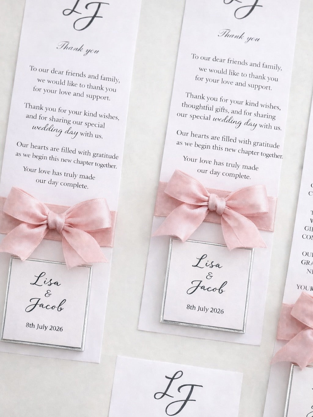 Elegant Blush Pink Ribbon Wedding Thank You Card with Personalized Tag