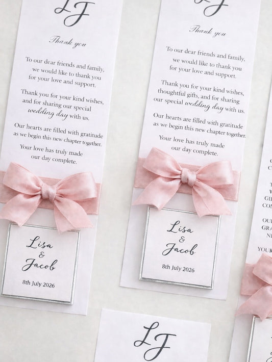 Elegant Blush Pink Ribbon Wedding Thank You Card with Personalized Tag