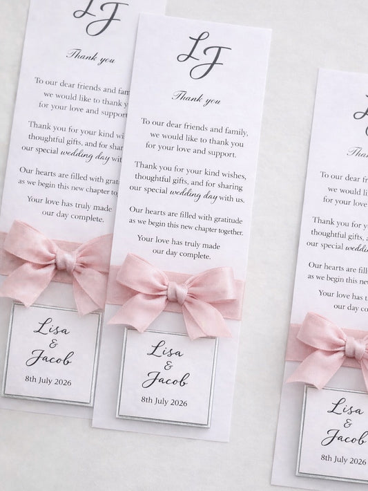 Elegant Blush Pink Ribbon Wedding Thank You Card with Personalized Tag
