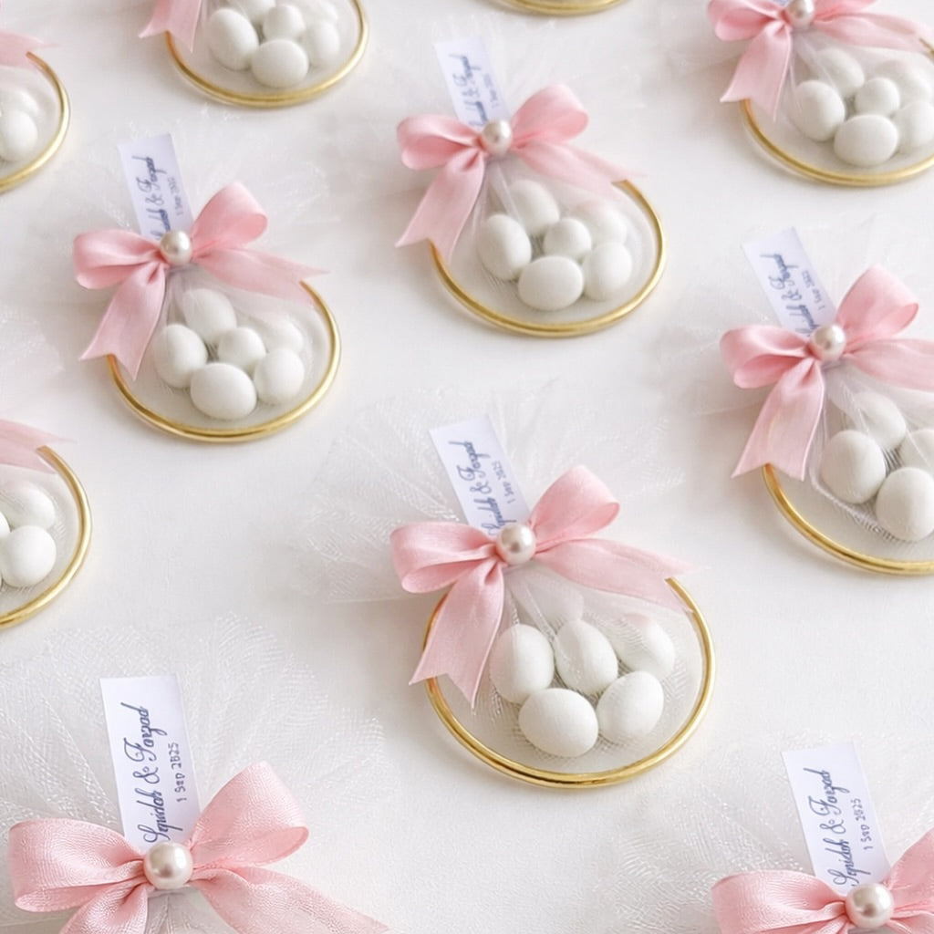 Luxury Blush Pink Wedding Favor with Almonds, Pearl Detail & Gold Tray