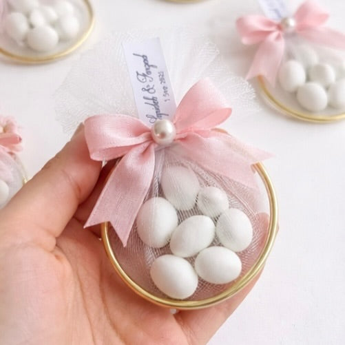 Luxury Blush Pink Wedding Favor with Almonds, Pearl Detail & Gold Tray
