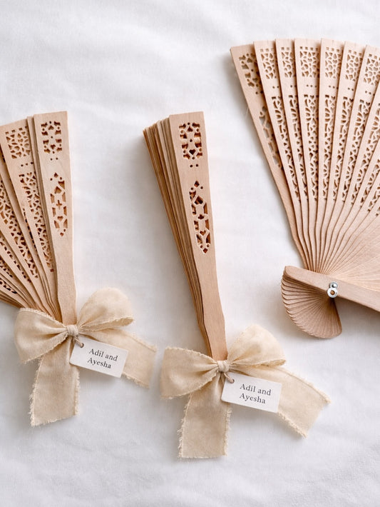 Personalized Wooden Hand Fan Wedding Favor with Rustic Ribbon & Name Tag