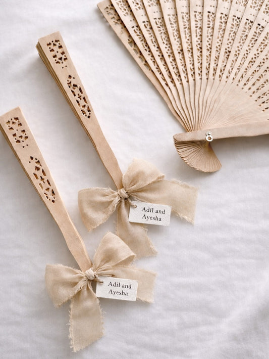Personalized Wooden Hand Fan Wedding Favor with Rustic Ribbon & Name Tag