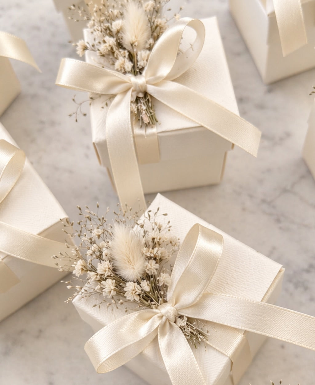 Luxury Wedding Favor Gift Boxes with Satin Ribbon & Dried Floral Detail