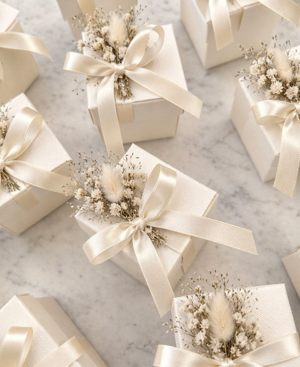 Luxury Wedding Favor Gift Boxes with Satin Ribbon & Dried Floral Detail